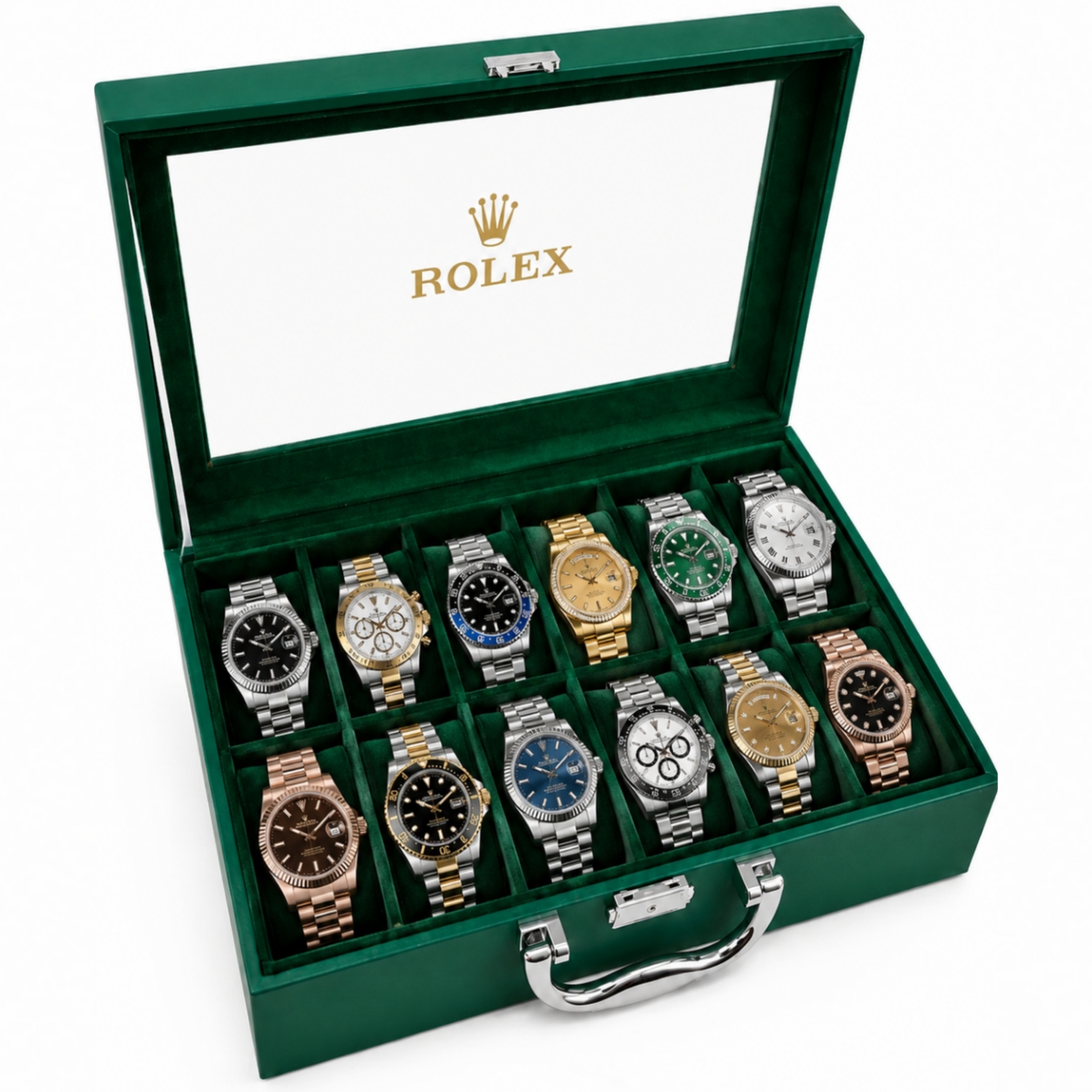 Picsart_26-08-22_02-20-54-520 علبة فاخرة لتنظيم 12 ساعة بقفل ومفتاح – شعار Rolex - الصورة 1